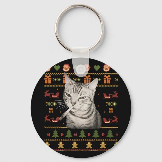 Grappige Rokkende Kat Meme Kerstmis Horrelijke Tru Sleutelhanger (Voorkant)