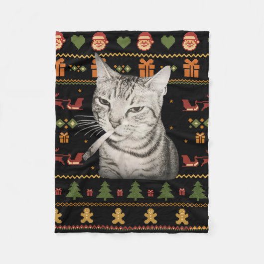Grappige Rokkende Kat Meme Kerstmis Horrortruien V Fleece Deken (Voorkant)