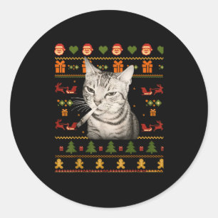 Grappige Rokkende Kat Meme Kerstmis Horrortruien V Ronde Sticker