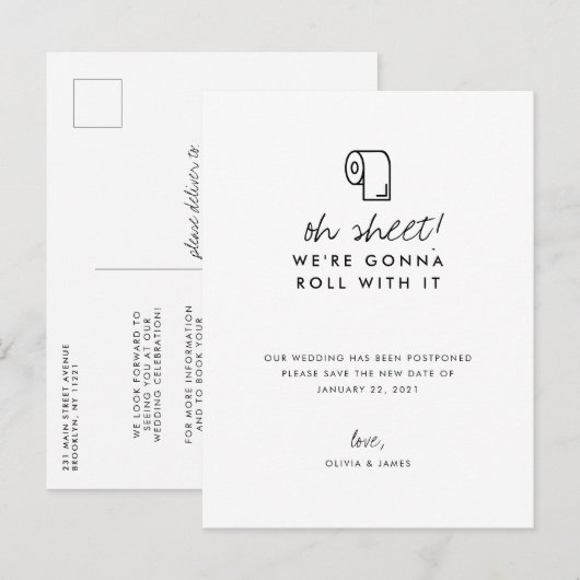Grappige Rol Ermee Nieuwe Datum Uitstel Huwelijk Aankondigingskaart (Voorkant / Achterkant)