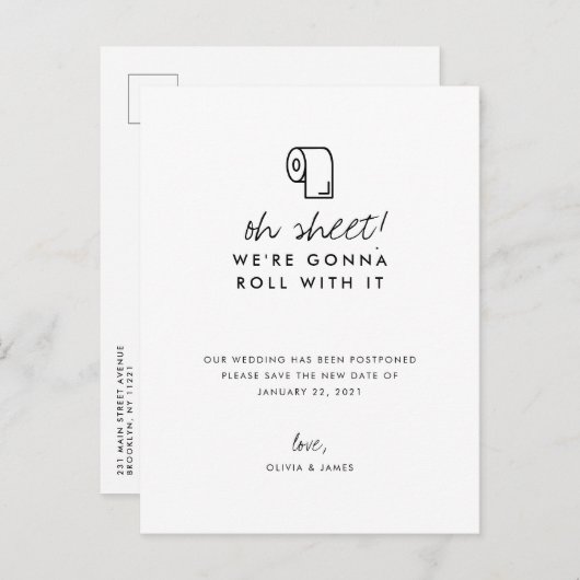 Grappige Rol Ermee Nieuwe Datum Uitstel Trouwdatum Aankondigingskaart (Voorkant / Achterkant)