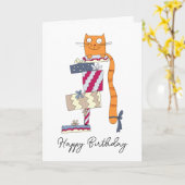 Grappige roodharige zit op een stapel cadeaus. kaart (Gele Bloem)