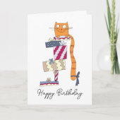 Grappige roodharige zit op een stapel geschenken. kaart (Voorkant)