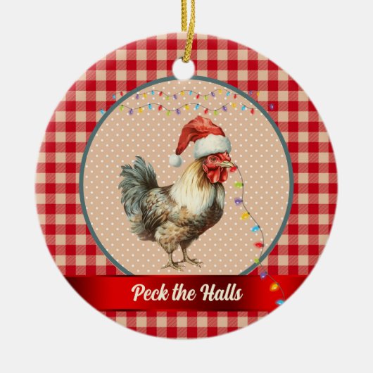 Grappige Rooster Peck de Hallen Kerstverlichting Keramisch Ornament (Voorkant)