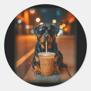 Grappige rottweiler die ijskoude koffie drinkt, li ronde sticker
