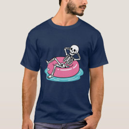 Grappige Roze Cartoon Skelet Loungende Drijfring I T-shirt