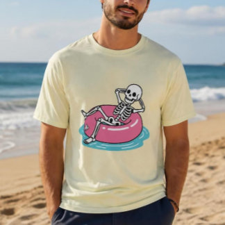 Grappige Roze Cartoon Skelet Loungende Drijfring I T-shirt