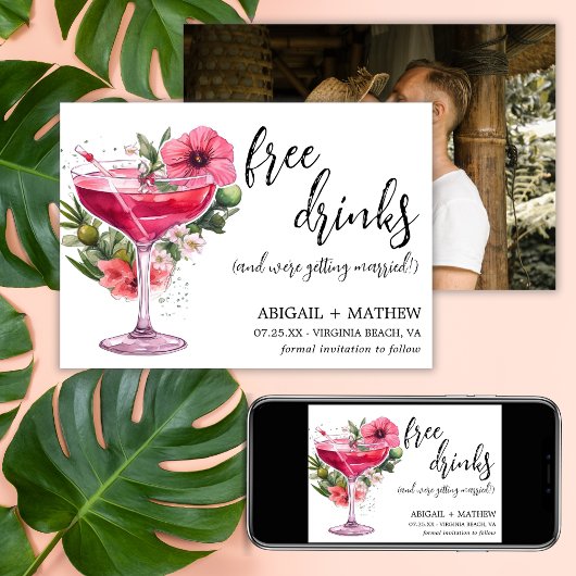 Grappige roze cocktail trendy moderne foto bruilof save the date