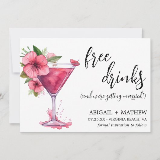 Grappige roze cocktail trendy moderne foto bruilof save the date (Voorkant)