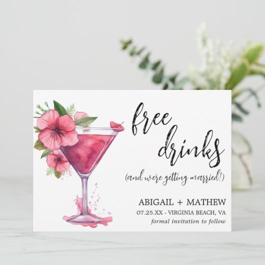 Grappige roze cocktail trendy moderne foto bruilof save the date (Staand voorkant)