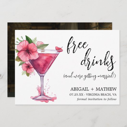 Grappige roze cocktail trendy moderne foto bruilof save the date (Voorkant / Achterkant)