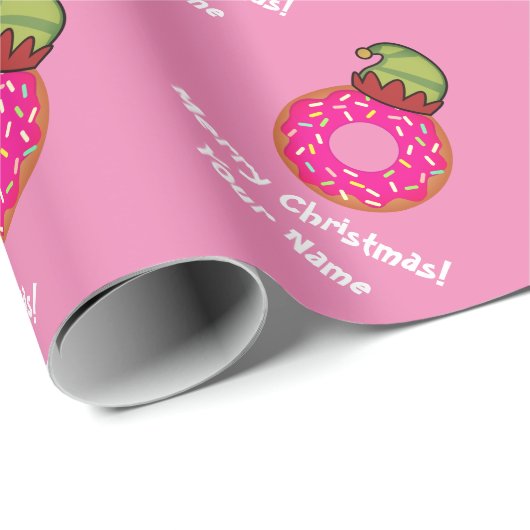 Grappige roze donut met elf pet aangepaste kerst cadeaupapier (Rol Hoek)
