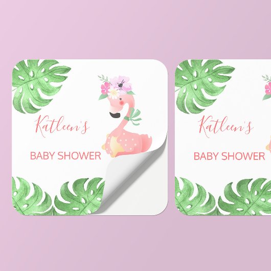 Grappige roze flamingo baby shower vierkante sticker