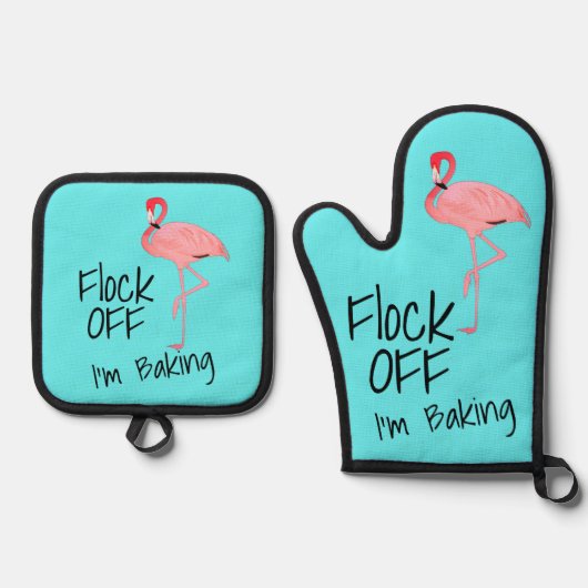 Grappige roze flamingo kudde af ovenwant & pannenlap set (Voorkant)