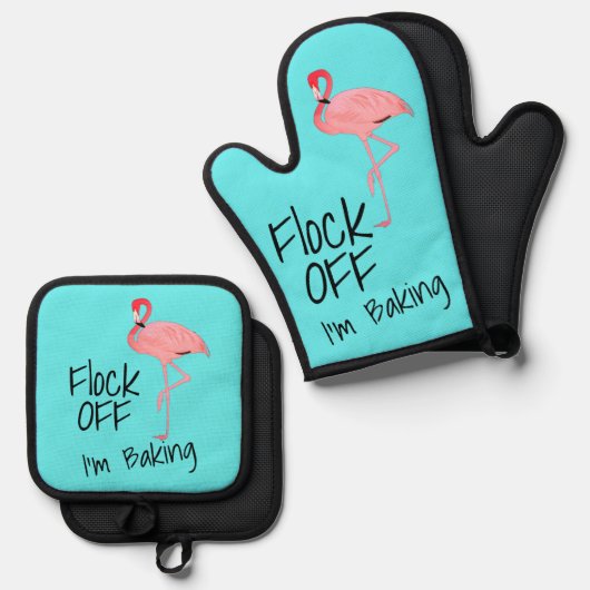 Grappige roze flamingo kudde af ovenwant & pannenlap set (Voorkant / Achterkant)