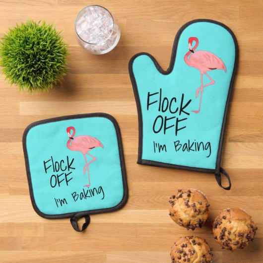 Grappige roze flamingo kudde af ovenwant & pannenlap set (Top down)