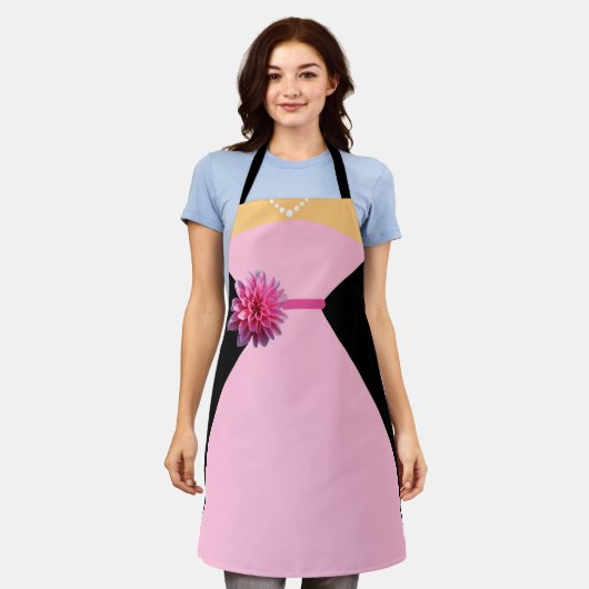 Grappige roze jurk met roze bloem schort (Gedragen)