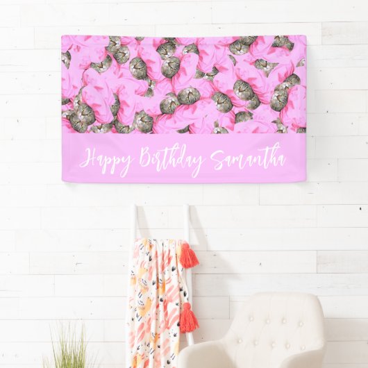 Grappige Roze Kat Patroon  Spandoek (Insitu)