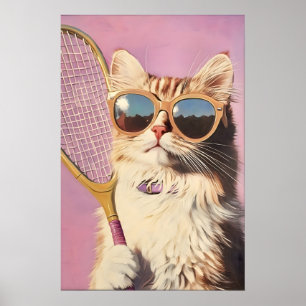 Grappige Roze Kat Tennis Kunstprint - Cute Wall vo Poster