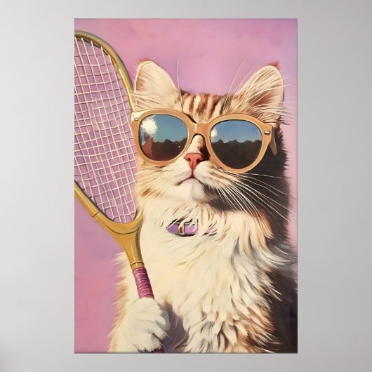 Grappige Roze Kat Tennis Kunstprint - Cute Wall vo Poster (Voorkant)