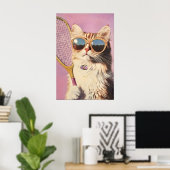 Grappige Roze Kat Tennis Kunstprint - Cute Wall vo Poster (Thuiskantoor)