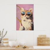 Grappige Roze Kat Tennis Kunstprint - Cute Wall vo Poster (Keuken)