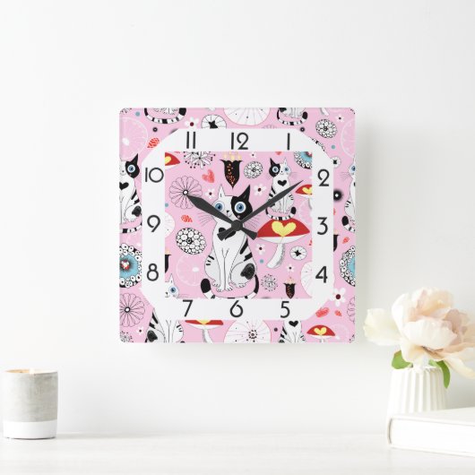 Grappige roze kat vierkante klok (Huis)