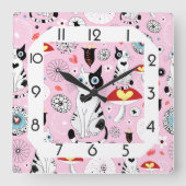 Grappige roze kat vierkante klok (Voorkant)