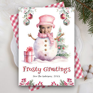 Grappige Roze Sneeuwman Kinderen Foto Gezicht Pret Feestdagenkaart