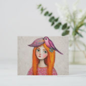 Grappige roze vogel in haar haar briefkaart (Staand voorkant)