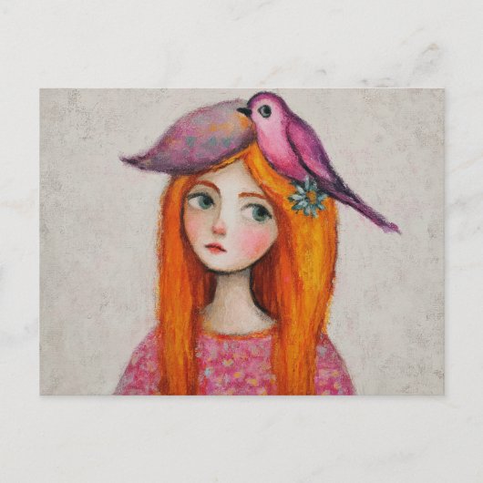 Grappige roze vogel in haar haar briefkaart (Voorkant)