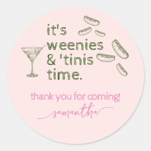 Grappige Roze Weenies & Tinis Martini Verjaardagsf Ronde Sticker (Voorkant)