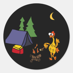 Grappige Rubber Chicken Camping Cartoon Ronde Sticker