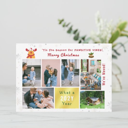 Grappige Rudolph 7 foto's Collage We've Moved Mode Feestdagenkaart (Staand voorkant)