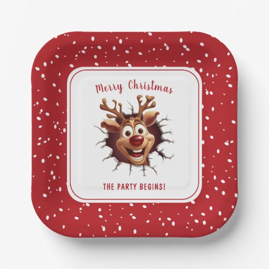 Grappige Rudolph Het Rendier Kerstfeest Plein Papieren Bordje (Voorkant)