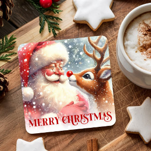 Grappige Rudolph Kerstman Kerst Coaster Waterverf  Kartonnen Onderzetters