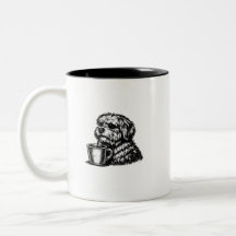Grappige Ruige Hond Drinkt Koffie Schets Twee-Tons