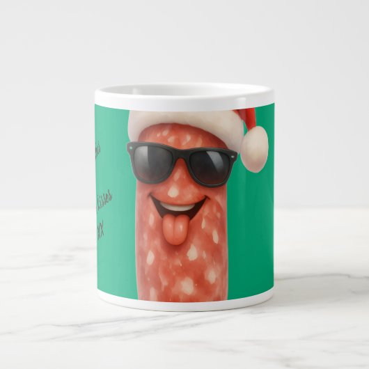 Grappige salami kusjes kerst grote koffiekop (Voorkant)