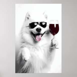 Grappige Samoyed-hond drinkt wijn Kunstprint (Digi Poster