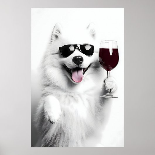 Grappige Samoyed-hond drinkt wijn Kunstprint (Digi Poster (Voorkant)