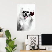Grappige Samoyed-hond drinkt wijn Kunstprint (Digi Poster (Thuiskantoor)