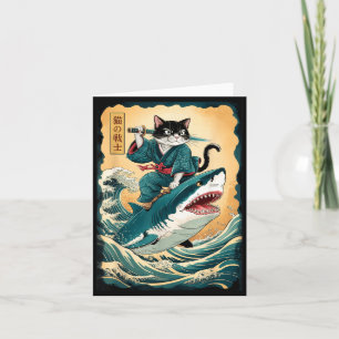 Grappige Samurai Kat Riding Haai Vintage Kat Anime Kaart