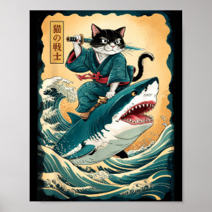 Grappige Samurai Kat Riding Haai Vintage Kat Anime Poster