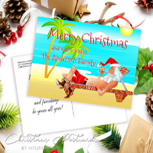 Grappige Santa Beach Kerstmis Groeten Briefkaart