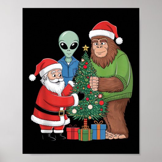 Grappige Santa Bigfoot Alien Decorating Christmas Poster (Voorkant)
