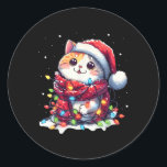 Grappige Santa Cat Tangled Up In Christmas Lights  Ronde Sticker<br><div class="desc">Grappige Kerstman kat verstrikt in kerstverlichting vakantie Kerstmis</div>