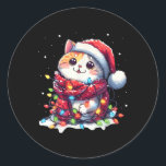 Grappige Santa Cat Tangled Up In Christmas Lights  Ronde Sticker<br><div class="desc">Grappige Kerstman kat verstrikt in kerstverlichting vakantie Kerstmis</div>