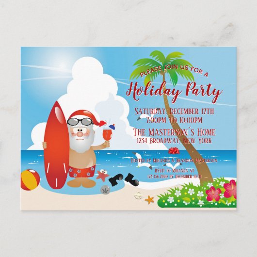 Grappige Santa Claus Beach Vakantie Party Uitnodig Briefkaart (Voorkant)