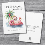 Grappige Santa Claus Tropical Beach Kerstmis Feestdagenkaart<br><div class="desc">Laat het sneeuwen... Ergens anders! Deze speelse tropische kerstkaart is perfect voor het versturen van warme en humoristische vakantiewensen. De voorkant is voorzien van een ontspannen kerstman in een zonnebril, loungen in een roze flamingo drijvend op de oceaan, met een palmboom versierd met ornamenten en zachte oceaangolven die het tafereel...</div>