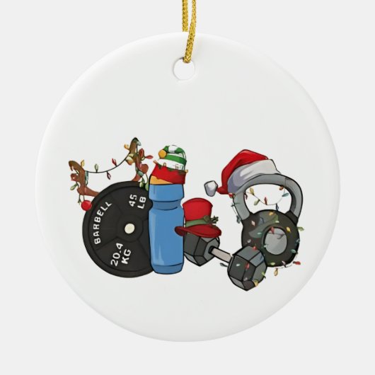 Grappige Santa Gewichtheffen Dumbbells Gym Kerstmi Keramisch Ornament (Voorkant)